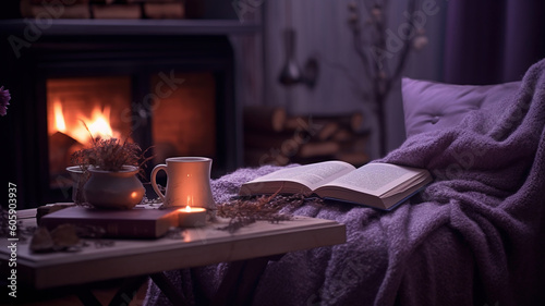 cozy home decor with a book to read by the fireside, in the style of light violet and dark gray. Generative Ai