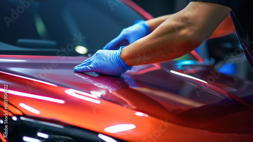 Man worker of car detailing studio removing scratches on car varnish. Generative Ai © Malika