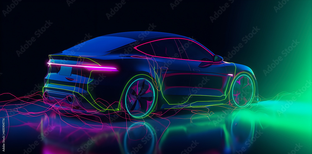 Electric car futuristic neon banner on dark background. AI generated Electric car futuristic neon banner on dark background. AI generated