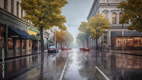 city street is rainy with buildings on it. Generative Ai © Malika