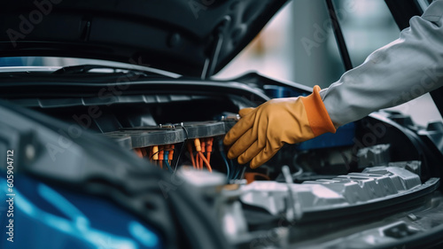 Selective focus hands in gloves of expert technicain electric car, EV car while opened A used Lithium-ion car battery before its repair. Generative Ai