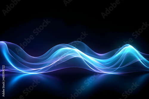 blue neon glowing abstract futuristic background with high speed moving wave lines in the black background. Generative ai.