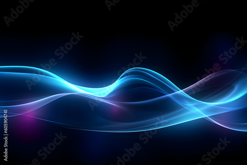 blue neon glowing abstract futuristic background with high speed moving wave lines in the black background. Generative ai.