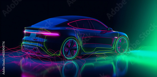 Electric car futuristic neon banner on dark background. AI generated © 18042011