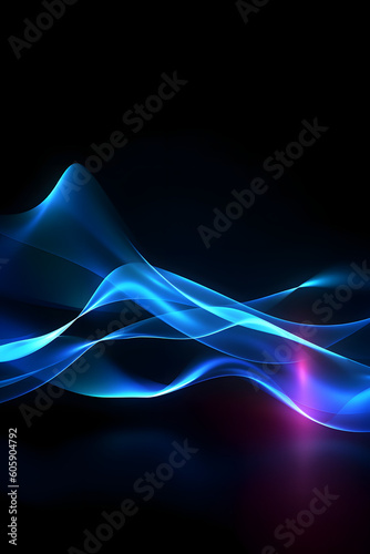 blue neon glowing abstract futuristic background with high speed moving wave lines in the black background. Generative ai.