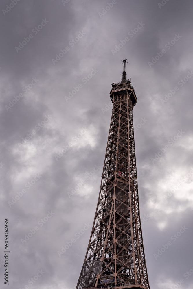 Low angle view of the Eiffel Tower from the Seine, in Paris, France