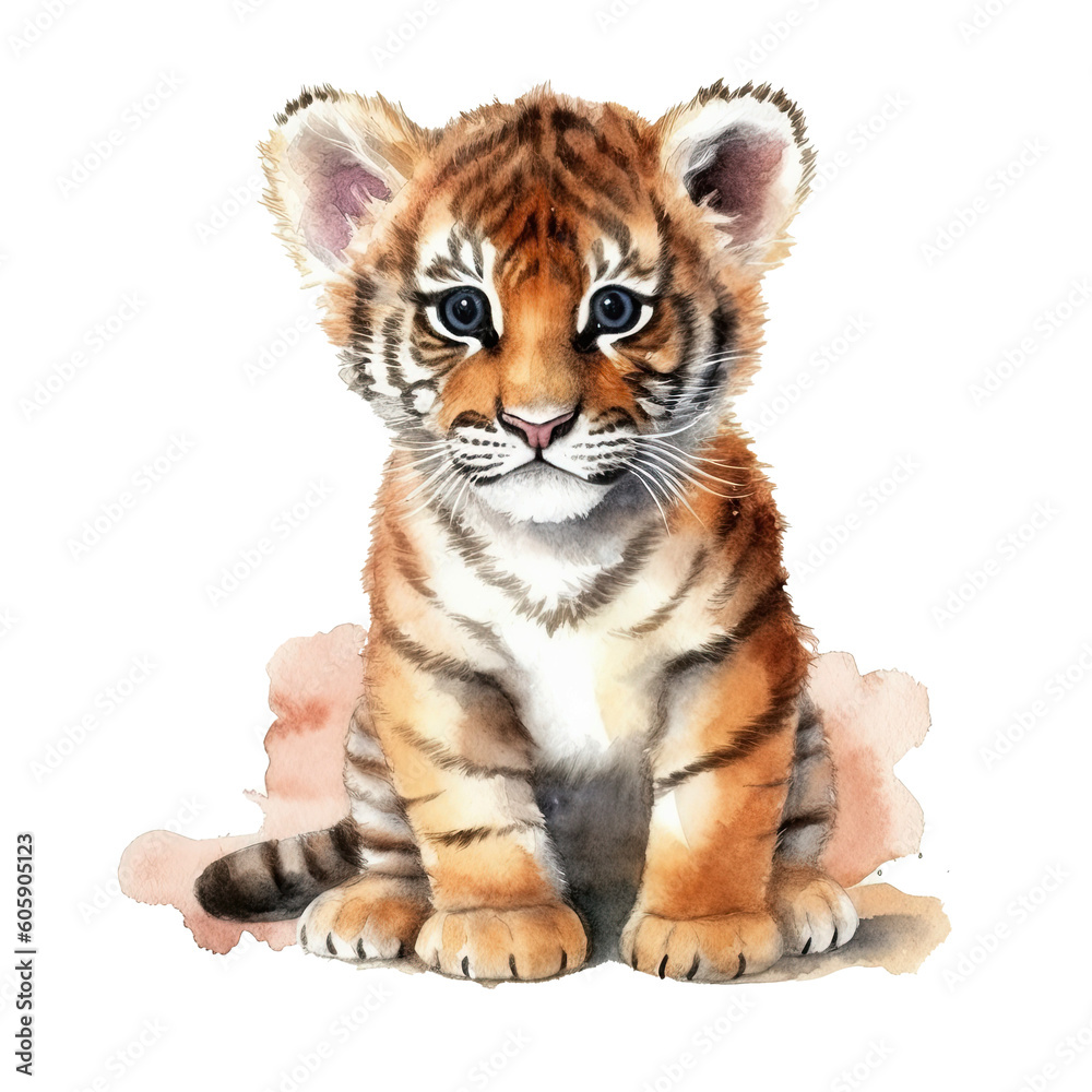 Obraz premium Watercolor little tiger isolated on transparent background. Generative AI