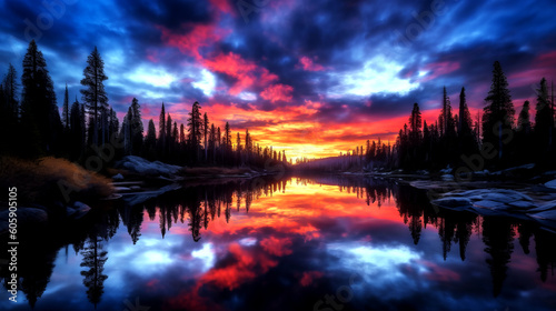 Sunset Canvas: A Kaleidoscope of Colors Paint the Forest Lake