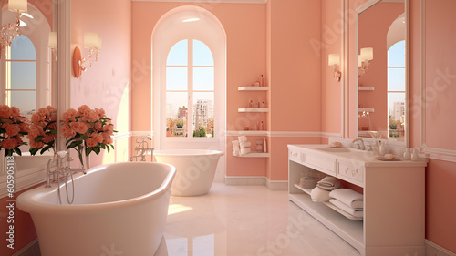 Bright elegant bathroom interior in a luxury house. Generative Ai