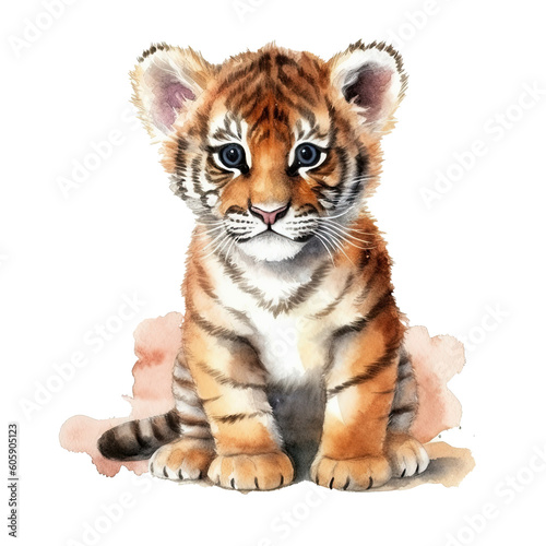 Watercolor little tiger isolated on transparent background. Generative AI