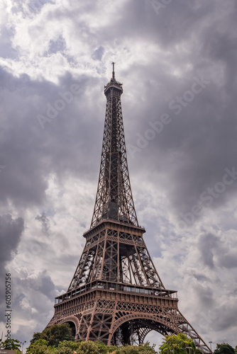 Low angle view of the Eiffel Tower from the Seine, in Paris, France