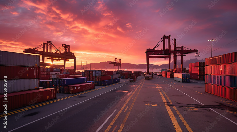container terminal in the port at sunrise. Generative Ai