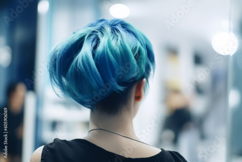 Back view of woman with short blue hair. 