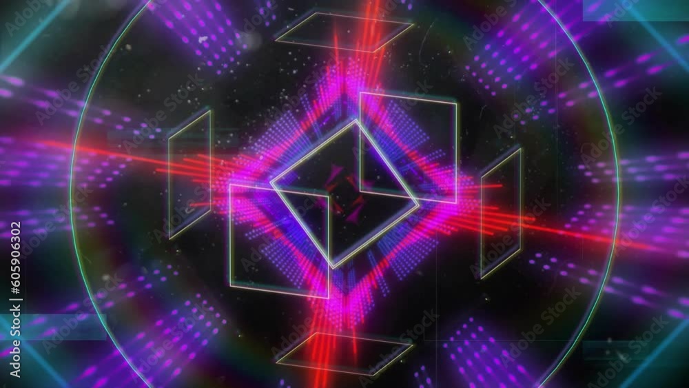 Animation of abstract colorful neon shapes in seamless pattern against black background Animation of abstract colorful neon shapes in seamless pattern against black background