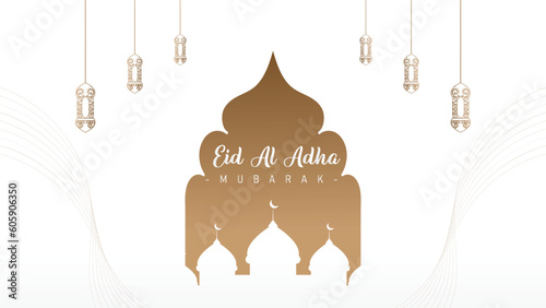 Islamic theme banner poster background design for Eid al-Adha celebration with mosque decoration and lights