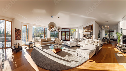 Panoramic view of luxurious living room. Generative Ai