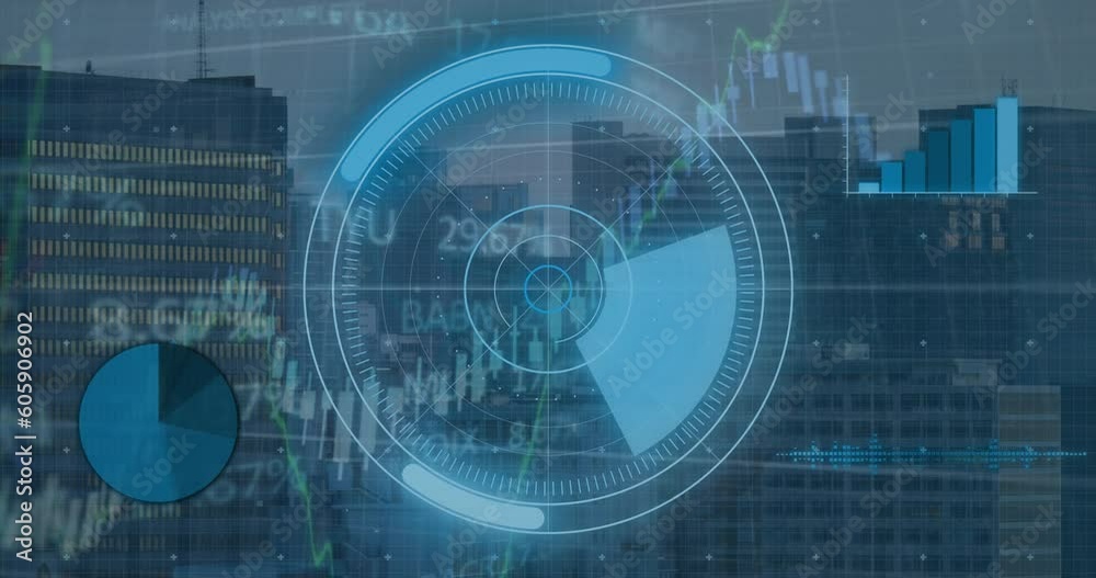 Animation of round scanner, statistical and stock market data processing against view of cityscape Animation of round scanner, statistical and stock market data processing against view of cityscape