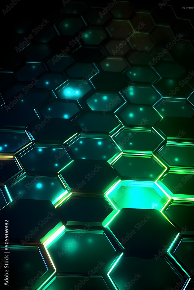 green blue neon glowing abstract futuristic background with honeycomb shape in the black background with little bokeh light in the black background. Generative ai. green blue neon glowing abstract futuristic background with honeycomb shape in the black background with little bokeh light in the black background. Generative ai.