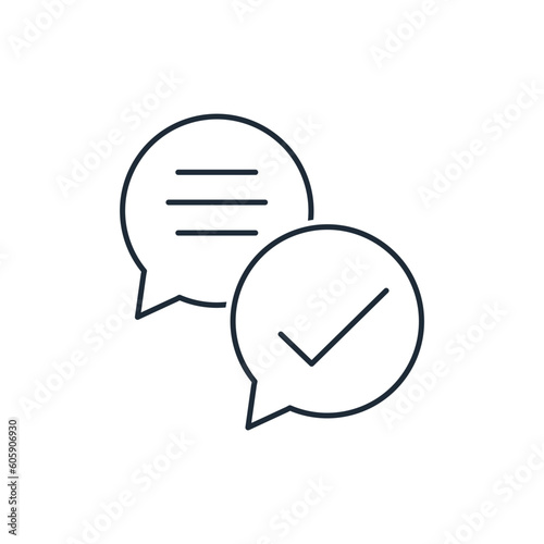 Combined dialog boxes with text and a check mark. Useful explanation, information.Vector linear icon isolated on white background.