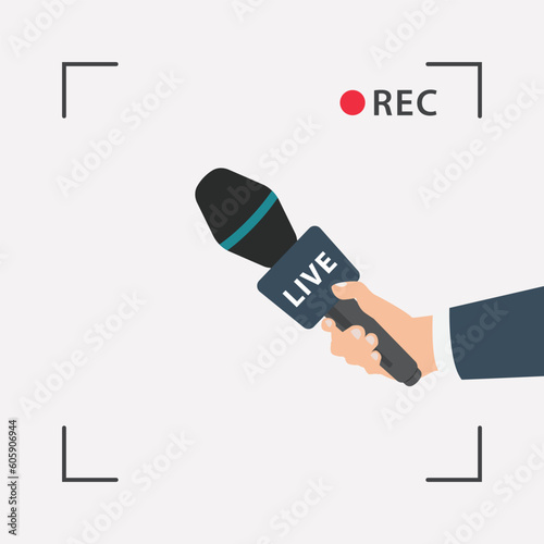 Hand of journalism reporter live microphone report press concept vector illustration photo
