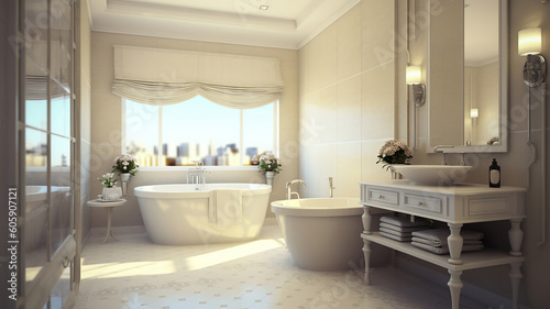 Bright elegant bathroom interior in a luxury house. Generative Ai
