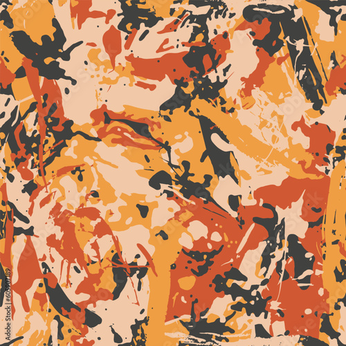 Red orange and yellow colors camouflage with dry brush strokes, seamless hand drawn blots grunge pattern. Scribble military camo texture, fashionable urban fabric. Vector illustration