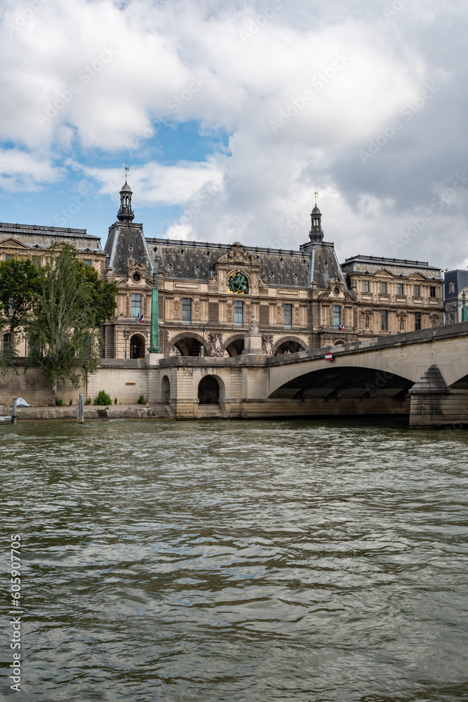 Louvre museum and Pont Royal from the Seine, in Paris, France