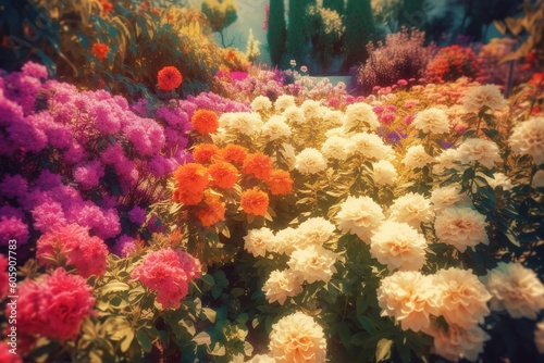 beautiful garden with colorful flowers. Generative AI