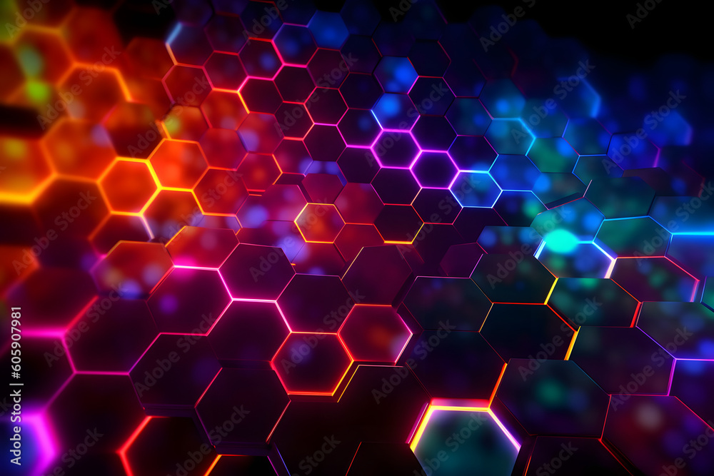 vibrant neon glowing abstract futuristic background with honeycomb shape in the black background with little bokeh light in the black background. Generative ai.