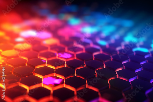 vibrant neon glowing abstract futuristic background with honeycomb shape in the black background with little bokeh light in the black background. Generative ai.