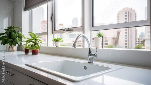 Beautiful white sink near window in modern kitchen. Generative Ai