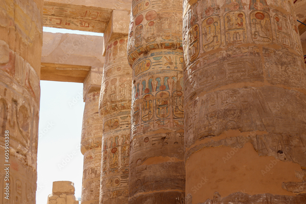 ancient Egyptian city temple pillars with hieroglyphs carving