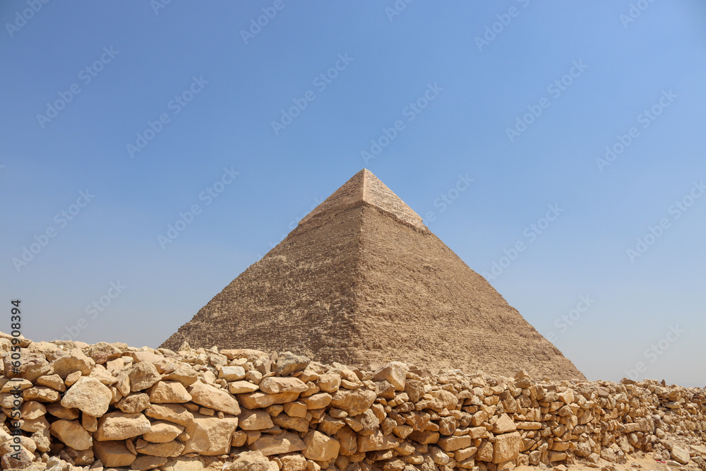 Stone wall in front of Giza pyramid