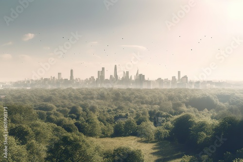 panoramic view of a city skyline with green space. Generative AI