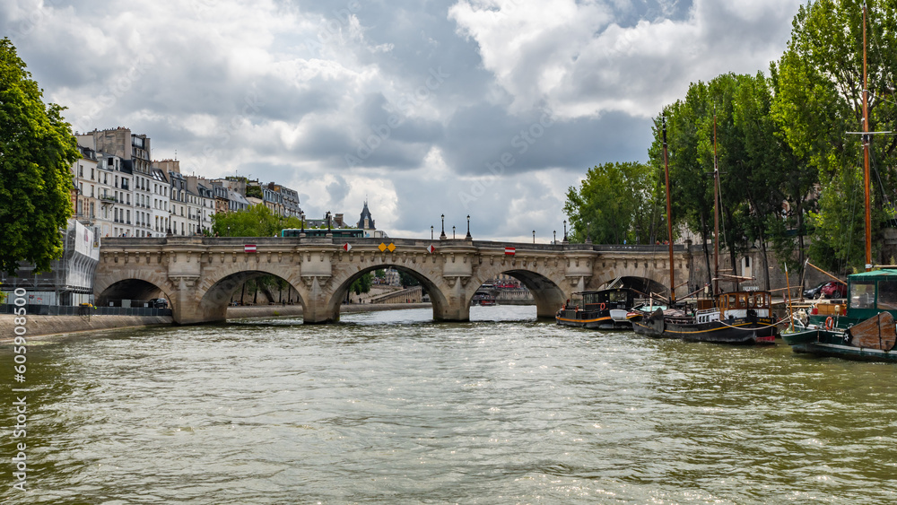 Pont Neuf bridge from the Seine, in Paris, France