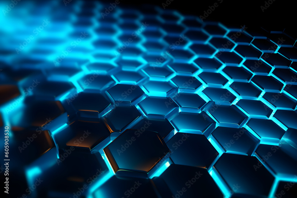 blue neon glowing abstract futuristic background with honeycomb shape in the black background with little bokeh light in the black background. Generative ai.