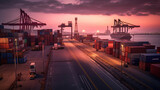 container terminal in the port at sunrise. Generative Ai