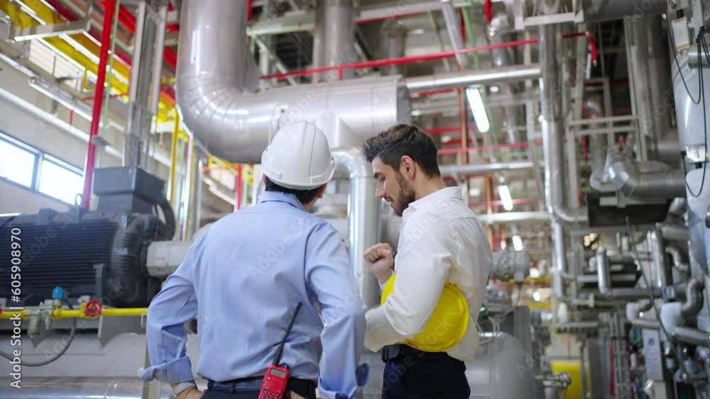 Two professional electrical engineer in safety uniform working together at factory site control room. Industrial engineer worker checking maintenance electric system on laptop computer at plant room.