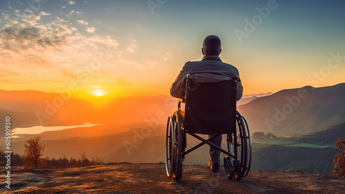 Disabled handicapped man has a hope. He is sitting on wheelchair and stretching hands at sunset. Generative Ai