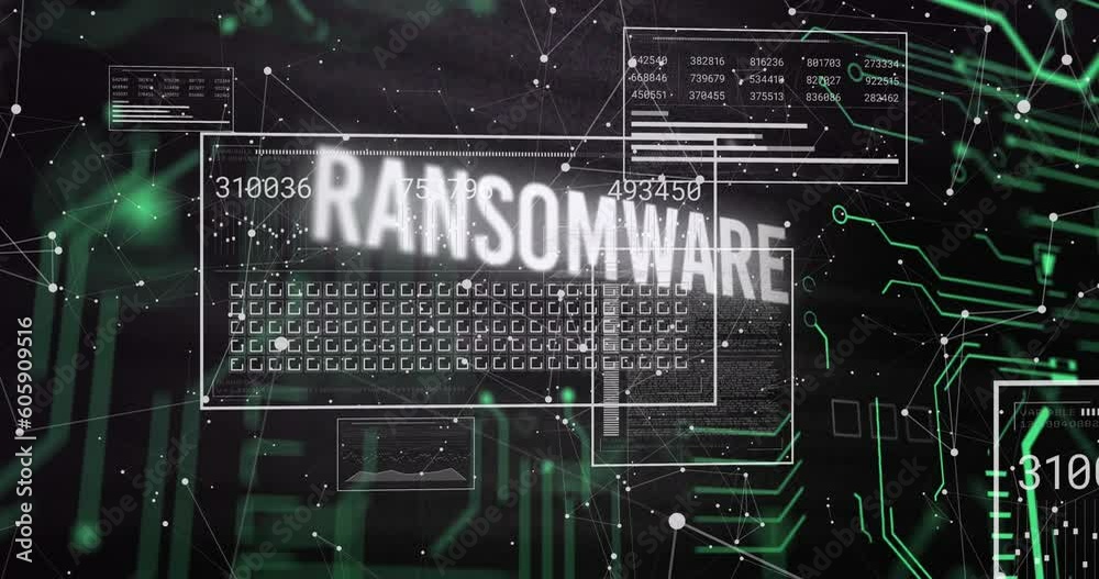 Animation of ransomware text over changing numbers, loading bars and connected dots Animation of ransomware text over changing numbers, loading bars and connected dots