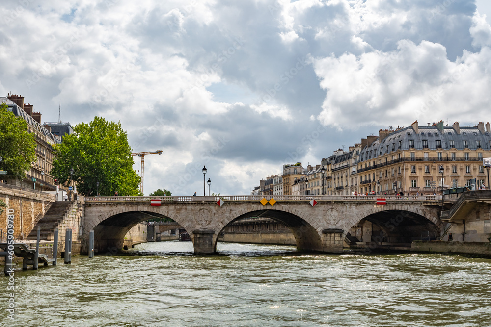 Pont Saint-Michel bridge from the Seine, in Paris, France