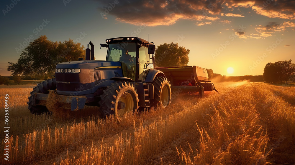 Fototapeta premium A tractor harvesting wheat starch in the sunset on a country field. Generative Ai