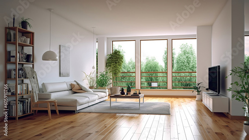 Empty living room with hardwood floor in modern apartment. Generative Ai © Malika