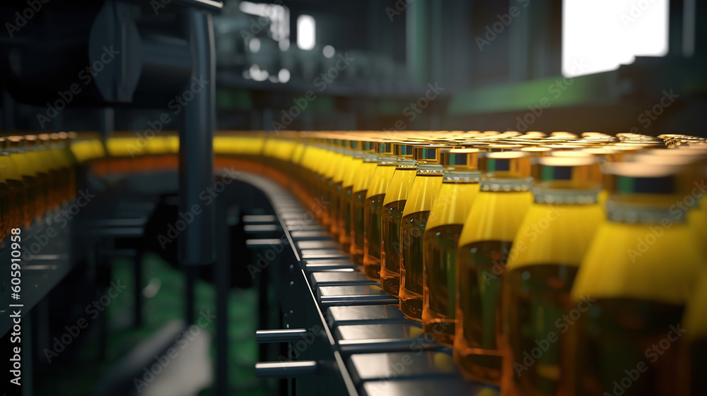 Obraz premium Conveyor belt with juice bottles on beverage factory interior. Generative Ai