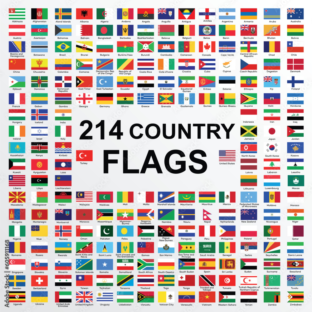 Set of All National Flags of the World. 214 Country Flags. Vector illustration for your design. Set of All National Flags of the World. 214 Country Flags. Vector illustration for your design.