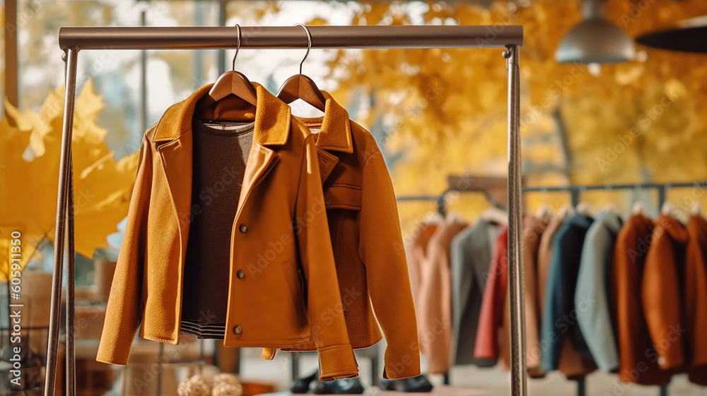 Hanger stand with autumn warm clothes. Generative Ai