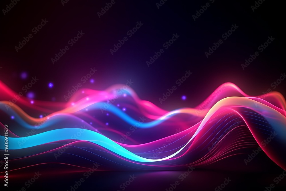 Experience the Futuristic Data Transfer Concept with Glowing Neon Wave Lines and Bokeh Lights in this Fantastic Wallpaper , Generative AI.