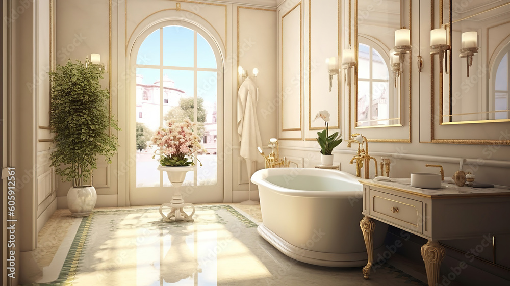 Bright elegant bathroom interior in a luxury house. Generative Ai Bright elegant bathroom interior in a luxury house. Generative Ai