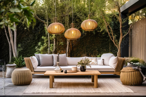 A modern outdoor living room with unique hanging lighting fixtures - Generative AI