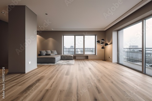 Empty living room with hardwood floor. Generative AI